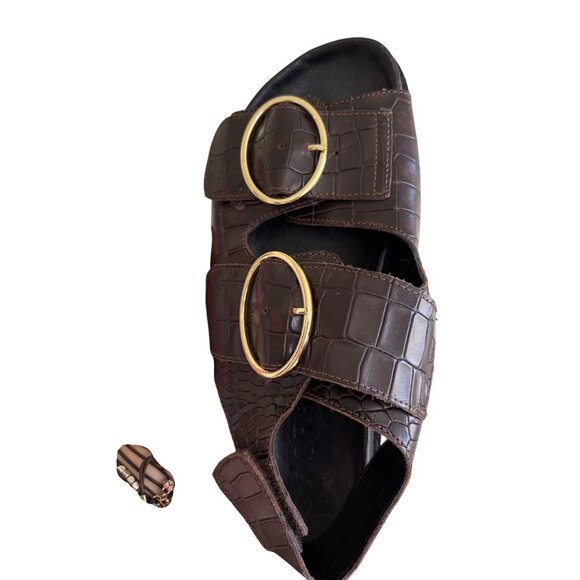 ASRA Womens Brown Croc-Embossed Chunky Sandals With Gold Buckles - Picture 12 of 15